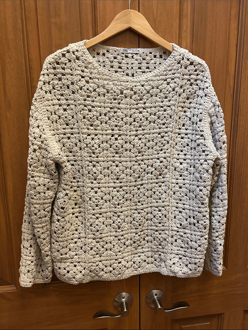 Zara Cream Crochet Openwork Crewneck Sweater size large